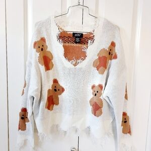 Cream Fuzzy Teddy Bear Crop Fringe Sweater‎ size Medium Christmas Holiday